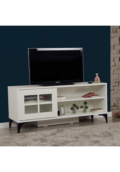 Revival Beyaz Metal Ayaklı Tv Ünitesi 125Cm / Cam Sürgülü Kapaklı