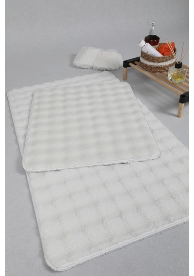 Modern Bubble Yıkanabilir Kaymaz Peluş Banyo Paspası Halısı 2'li Klozet Takımı 50x80-50x40cm Krem Diğer