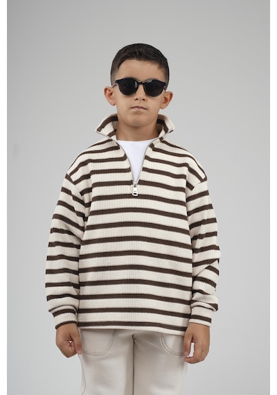 King-Brich Kingbrich Kids Oversize Kalıp Çizgili Yakası Fermuarlı Sweatshirt Kahve