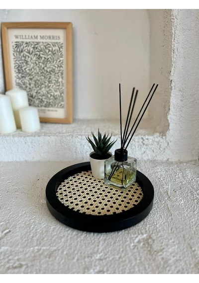 Rattan Hazeran Yuvarlak Tepsi Siyah Tüm Boy 24 Cm %100 Doğal Hazeran