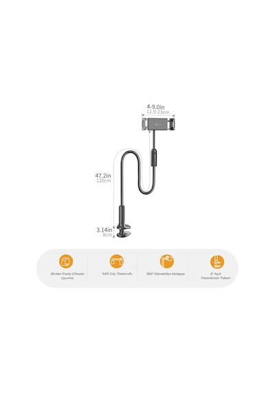Bix Saiji Ivy 4 Tablet Tutucu Yatak Ve Masa İçin 360 Dönebilir Ayarlanabilir Tablet Standı Siyah