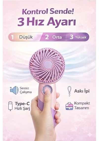 Taşınabilir Mini El Fanı Şarjlı 3 Kademeli Usb Fan Sessiz Güçlü Rüzgar Vantilatör