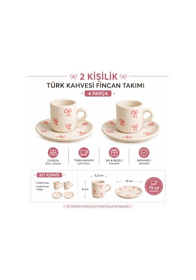 El Yapımı Seramik Türk Kahvesi Fincan Takımı,2 Kişilik-4 Parça Fincan Seti,75 Ml Çok Renkli - Pembe Kurdele Desen