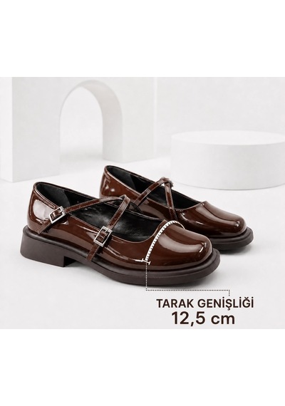 Dabab Shoes Marsel Kadın Acı Kahve Rugan Çapraz Bantlı Tokalı 2 Cm Kalın Taban Mary Jane Ayakkabı Kahverengi