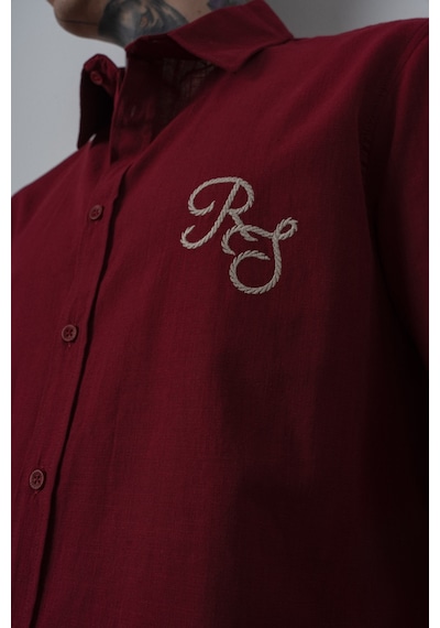 Respire Erkek Res Nakışlı Uzun Kollu Keten Oversize Gömlek Bordo