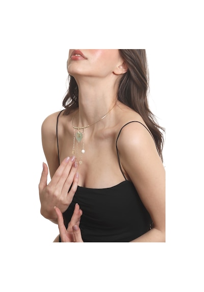 Labalaba Kadın Lak Altın Kaplama Sedef Kalp Charmlı Tel Choker, Tasma Kolye Altın