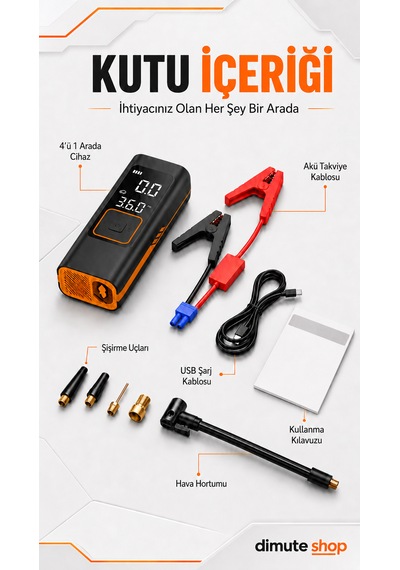 Inflamo Taşınabilir Akü Takviye Cihazı Powerbank Ve Kablosuz Hava Kompresörü 3 Ü 1 Arada