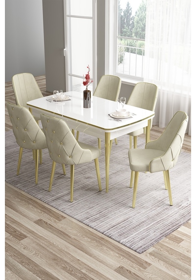 Canisa Tia Serisi 80x132 Açılabilir Mdf Beyaz Gold Detay Mutfak Masa Takımı Ve 6 Krem Sandalye Masa Beyaz Sandalye Krem Canisa Tia Serisi 80x132 Açılabilir Mdf Beyaz Gold Detay Mutfak Masa Takımı Ve 6 Krem Sandalye Masa Beyaz Sandalye Krem
