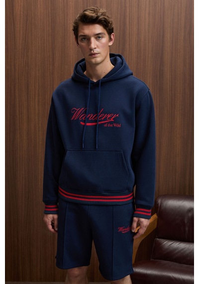 Grimelange Phantoseas Erkek Kapüşonlu Önü Nakışlı Etek Ve Kol Triko Detaylı Lacivert Sweatshirt Lacivert