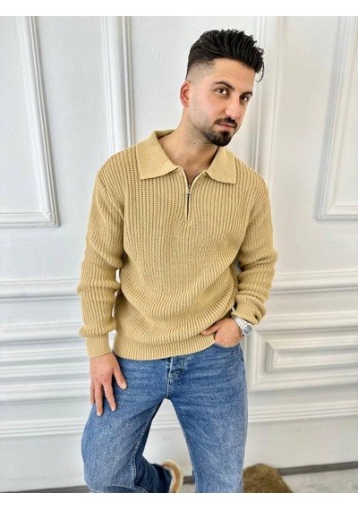 Elku Moda Kazak Oversize Tüylenmez Naturel Pamuk Fermuarlı Polo Yaka Örme Triko Kazak Kahverengi