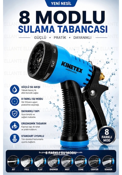 8 Modlu Sulama Tabancası Ayarlanabilir Basınçlı Bahçe Sulama Ve Araç Yıkama Tabancası