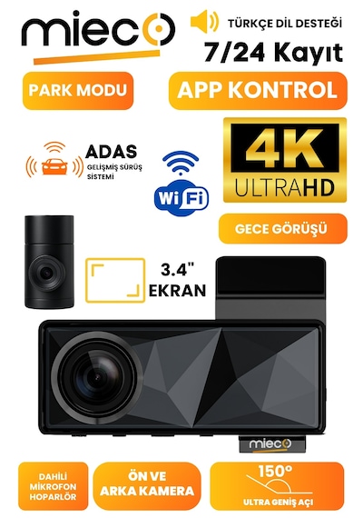 Mieco A11 Wifi/ 4k Uhd/ 150 Ultra Geniş Açı/ Adas/ Araç Kamerası