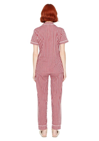Ersefa Kadın Çizgili Baskılı Gömlek Ve Pantolon Pijama Takımı Fonksiyone Pembe