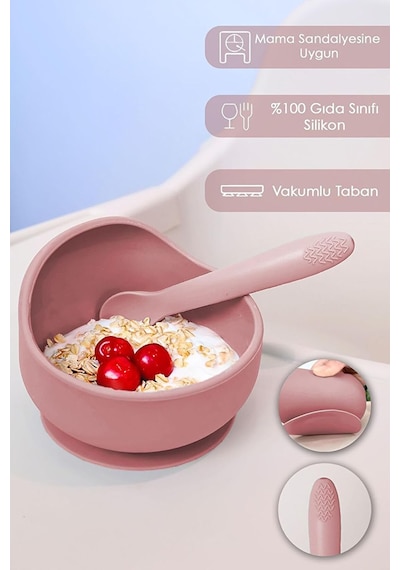 Meleni Baby 2'li Silikon Bebek Beslenme Seti - Vakumlu Mama Kasesi - Diş Kaşıyıcı Silikon Kaşık - Pembe Genel