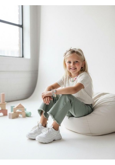 Zekids Kız Çocuk Pamuklu Paçaları Püsküllü Pantolon-16677 Yeşil