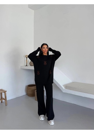 Maximodena Siyah Ayıcık Desenli Oversize Triko Takım - Siyah