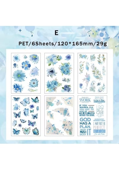 Kolbi Craft 6 Sayfa 60 Adet Şeffaf Büyük Mavi Çiçek Sticker Bullet Journal Scrapbook Laptop Aja 1