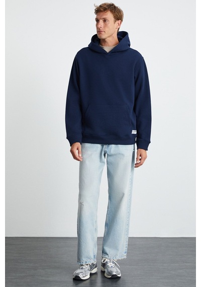 Grimelange GILMAR Erkek Şardonlu 3 İplik Kapüşonlu Kanguru Cepli Lacivert Sweatshirt