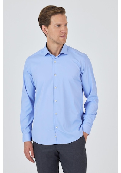 İmza Uzun Kol Düz Bez Ayağı Sert Yaka Cepsiz Pamuklu Classic Slim Fit Gömlek 1004250160 Mavi