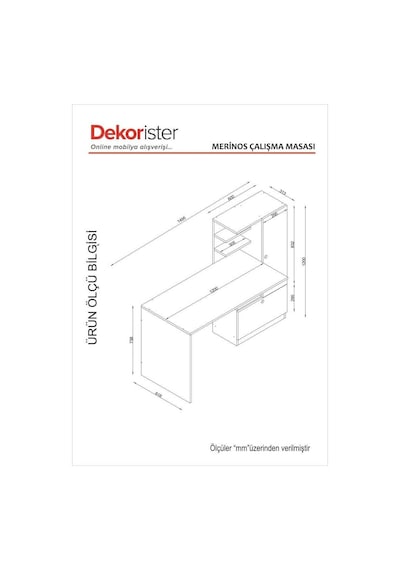 Dekorister Merinos Kitaplıklı Çalışma Masası Beyaz