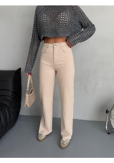 Bej Denım Kumaş Yırtmaç Detaylı Wide-leg Pantolon Bej