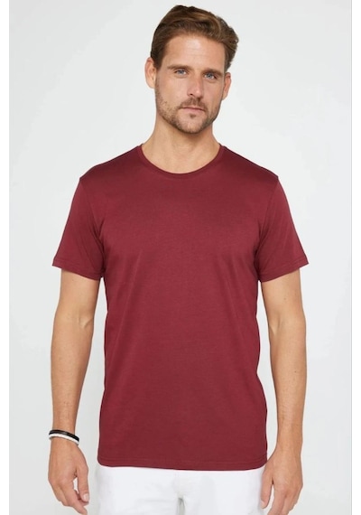 Erkek Düz Bisiklet Yaka Tişört Kısa Kol Yazlık T-shirt - Bordo