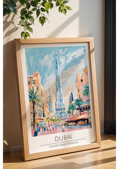 Dubai Temalı Çerçeveli Tablo Travel Serisi Modern İllüstrasyon Bae Şehir Duvar Dekoru Kayın
