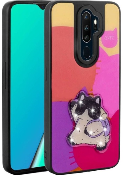 Oppo A9 2020 Kılıf Parlayan Kabartmalı İkonik Figürlü Zore Amas Silikon Kapak Mor