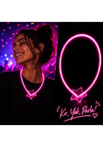 Fosforlu - 217 - Yıldız Parti Kolyesi Neon Işıklı Kolye - Spt-gld - Pembe Renk