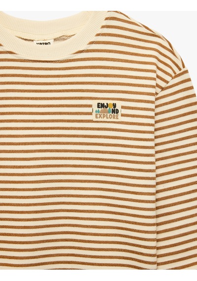 Koton Pamuklu Uzun Kollu Bisiklet Yaka Çizgili Oversize Sweatshirt Ekru Çizgili 7wmb10091tk