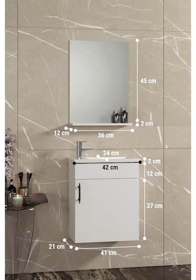 Lale 42x24 Cm Beyaz Mdf Seramik Lavabolu Asma Banyo Dolabı Takımı