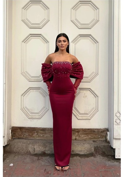 Alfa Aksesuar 03 Esnek Abiye Elbise Tül Straplez Kumaş Bordo