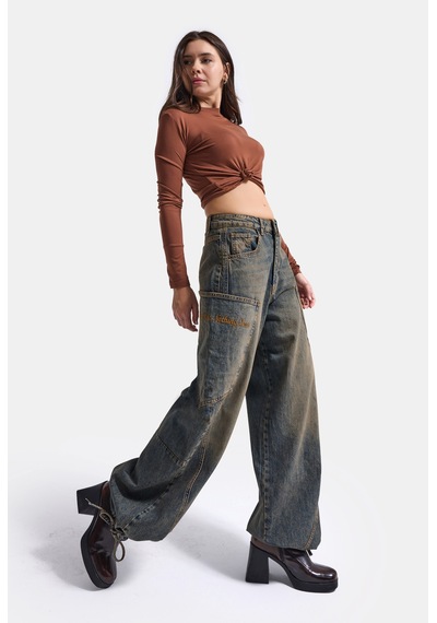Kadın 4w6-85 Baggy Fit Özel Nakış Detaylı Tasarım Denim Jean Koyu Mavi