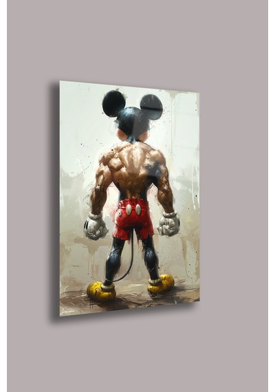 Minimal Mickey Çizgi Silüet Cam Tablo Beyaz