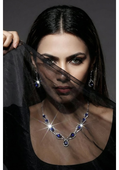 Accessories Hürrem Model Mavi Taşlı Kolye Küpe Takı Seti Gerdanlık - Gelin Düğün Nişan Abiye Set Gümüş - Mavi
