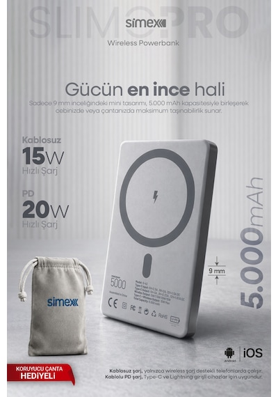 Simex İphone Uyumlu 5000mah Magsafe 20w Kablosuz Powerbank Şarj Cihazı Taşınabilir 17 16 15 14 13 12 P Max Standart