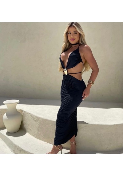 Pink Life Siyah Sandy Kumaş Toka Det.dekolteli Midi Elbise Siyah