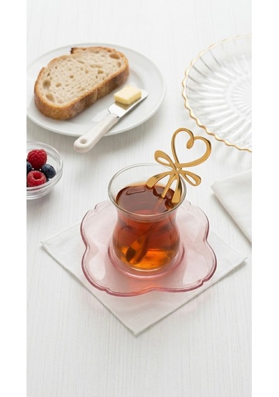 6'lı Kalpli Fiyonklu Gold Kahve Çay Kaşığı Seti-6 Lı Set Şık Sunum Kaşığı