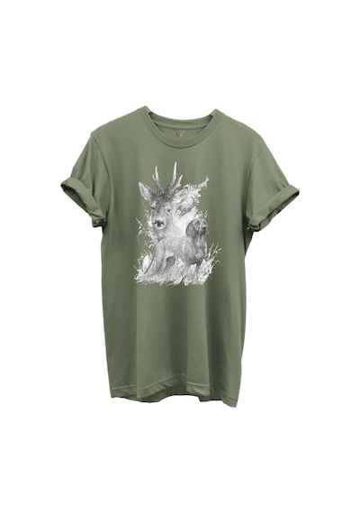 Geyik Ve Av Köpeği Çizim Baskılı %100 Pamuk Regular Fit Bisiklet Yaka Unisex T-shirt Haki
