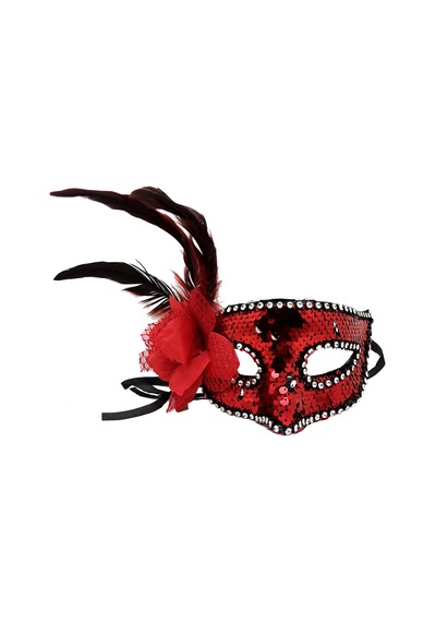 Kırmızı Renk Yandan Tüylü Güllü Gümüş Taşlı Pullu Maske 20x22 Cm "