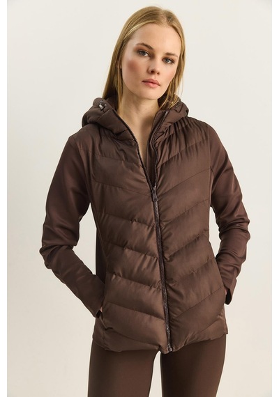 Shade Kadın Kapüşonlu Fermuarlı Garnili Slim Fit Şişme Mont 1123 60283816 - Acı Kahve Kahverengi