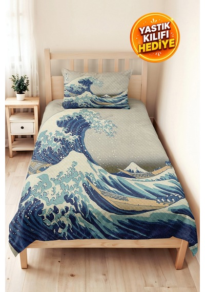 Mavi Dalga Marine Genç Odası Tek Kişilik Pike Takımı-japon Esintili 160x220 Cm Kapitone Yatak Örtüsü Naif Çayır Hissi