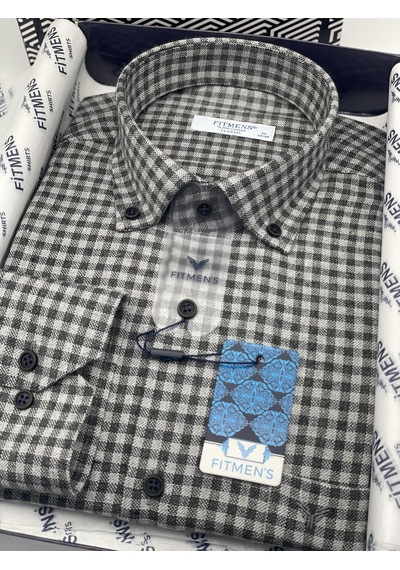 Klasik Uzun Kol Kışlık %100 Cotton Kareli Yaka Düğmeli Hediye Kutulu Erkek Gömlek Fs-003127 - Gri-2949
