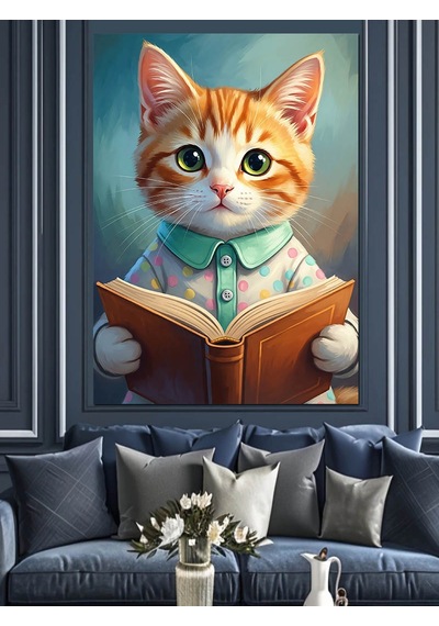 Ahşap Tablo Kitap Okuyan Sevimli Kedi