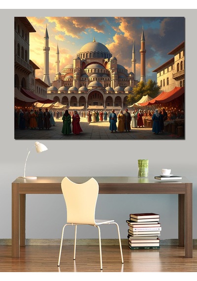 İstanbul Camileri Ve Şehir Kalabalığı Dekoratif Kanvas - Mdf Ahşap Tablo