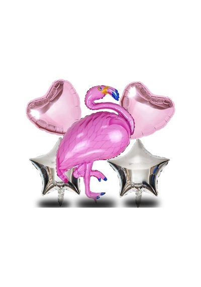 5 Li Flamingo Temalı Gümüş Folyo Yıldızlı Set Doğum Günü Süsü Parti Süsü Çok Renkli