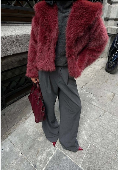 Glammoss L'atelier Kabarık Yaka Kürk Ceket Glm-579 Bordo Bordo