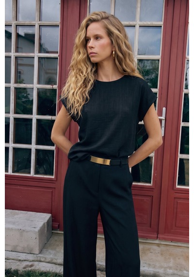 Sateen Kısa Kollu Bluz - Siyah-137674