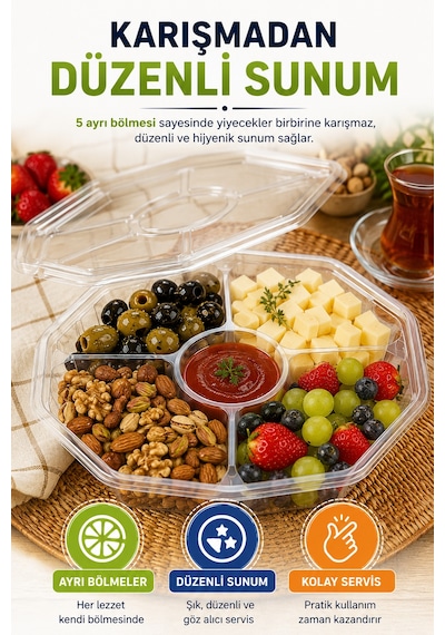 10'lu Sekizgen 5 Bölmeli Kendinden Kapaklı Pet Gıda Kabı 900 Cc Şeffaf Sızdırmaz Sunum Kabı 23 Cm Set