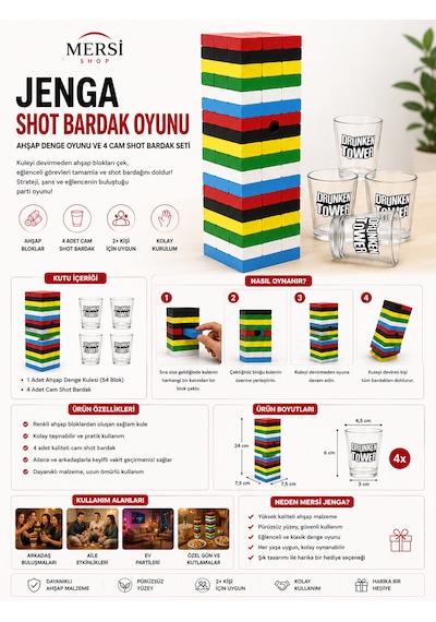 Jenga Shot Bardak Oyunu Ahşap Denge Oyunu Ve 4 Cam Shot Bardak Seti